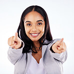 Portrait, business woman and pointing to you in studio, white background and hands for choice of decision, winner and opportunity. Happy female male model, finger emoji and hiring for recruitment 