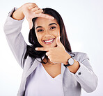 Finger framing, portrait and business woman in studio, white background or imagine profile picture. Face of female worker, hands and frame perspective for selfie, photography ideas or planning border