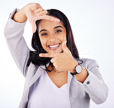 Buy stock photo Finger framing, portrait and business woman in studio, white background or creative profile picture. Face of female worker, hands or frame perspective for selfie, photography ideas or planning border