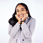 Happy, beautiful and portrait of a woman for work, business or a corporate career on a studio background. Smile, professional and a young girl or employee with confidence for a job on a backdrop