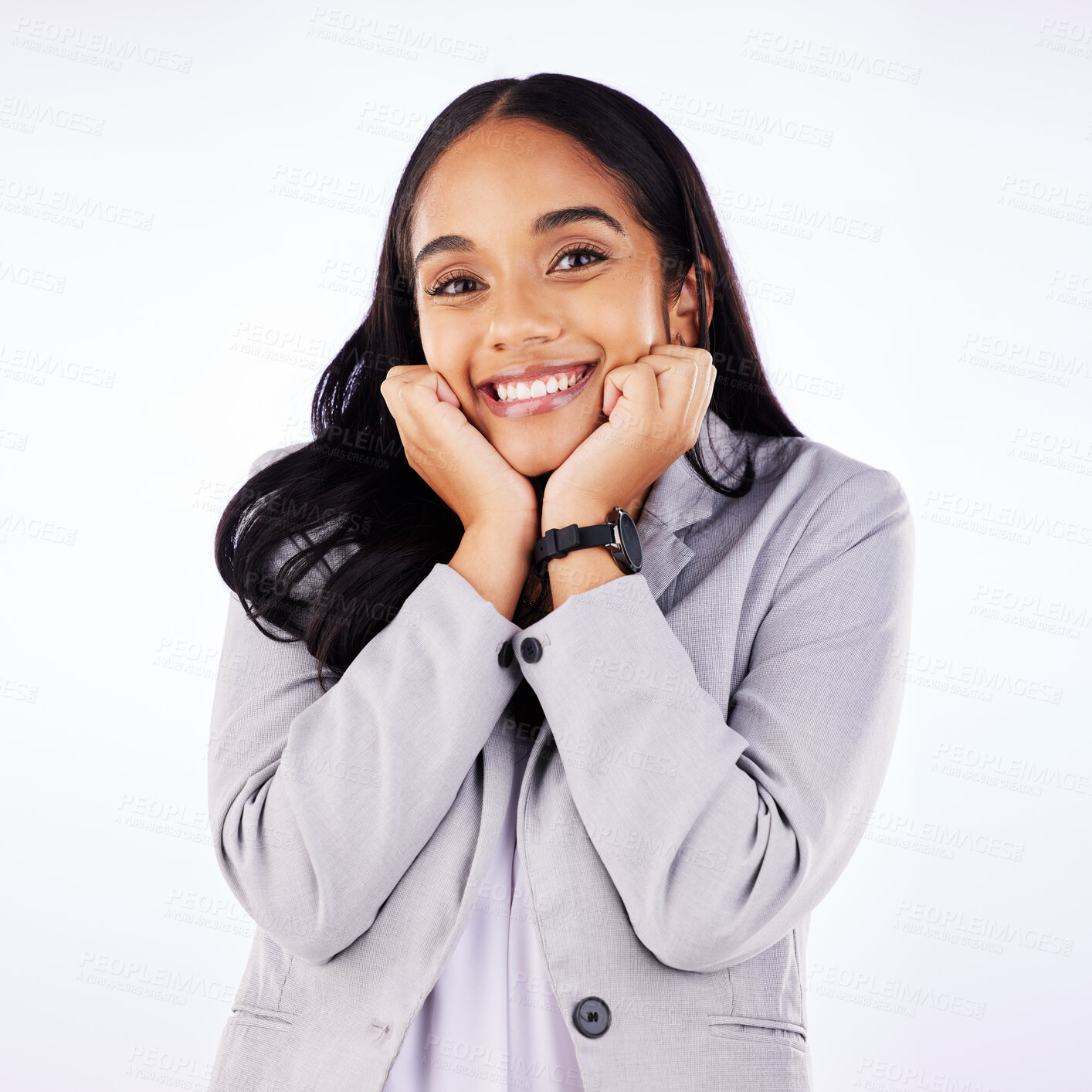 Buy stock photo Happy, beautiful and portrait of a woman for work, business or a corporate career on a studio background. Smile, professional and a young girl or employee with confidence for a job on a backdrop