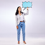 Speech bubble, portrait and woman in studio, white background and mockup space of voice, opinion and ideas. Happy female model, poster and feedback for social media news, review and chat sign board