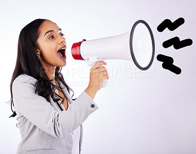 Buy stock photo Business woman, megaphone or announcement in studio, white background and freedom of speech, loud noise and breaking news. Female worker shouting with voice, attention and audio speaker to broadcast