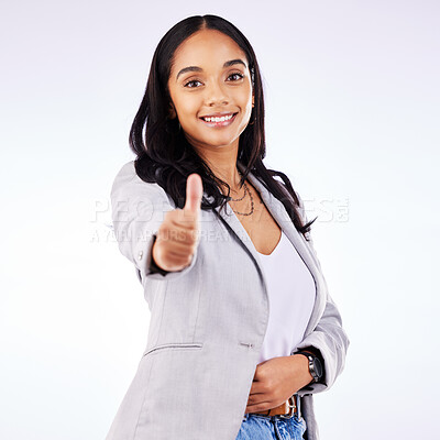 Buy stock photo Thumbs up, portrait and business woman for success in studio, white background and winning news. Happy female model, ok emoji and like sign for feedback, review and vote yes in agreement of promotion