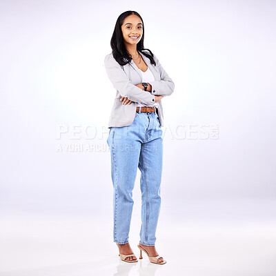 Buy stock photo Business, casual and portrait of woman with arms crossed, confidence and employee with pride on white background in studio. Happy, face and fashion for businesswoman with smile or working in admin