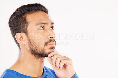 Buy stock photo Thinking, face and mockup man focus on development ideas, planning or brainstorming inspiration. Problem solving plan, studio and person question choice, decision or design space on white background