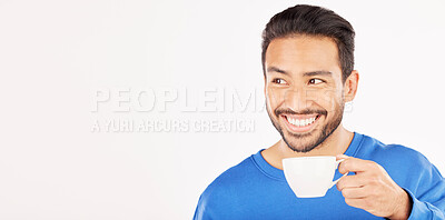 Buy stock photo Happy asian man, coffee and thinking on mockup space for morning drink against a white studio background. Male person smile in dream, idea or wonder with tea cup or hot beverage for breakfast start