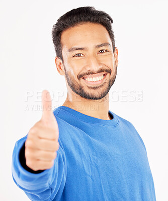 Buy stock photo Thumbs up, portrait and asian man in support, success and winning news in studio. Face of happy model, thumb emoji and like of feedback, good review or vote in agreement of winner on white background