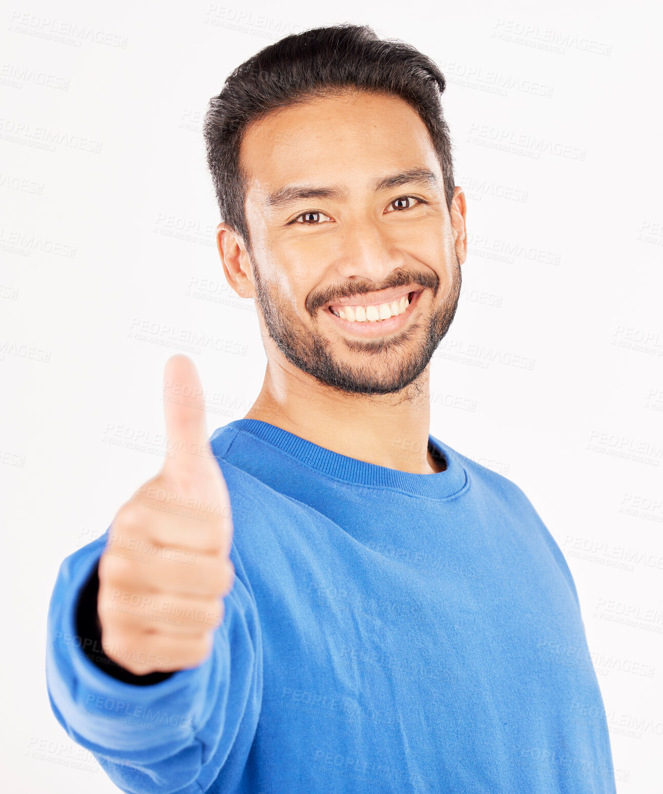 Buy stock photo Thumbs up, portrait and asian man in support, success and winning news in studio. Face of happy model, thumb emoji and like of feedback, good review or vote in agreement of winner on white background