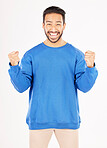 Winner, portrait and man with yes and excited gesture in a studio with a smile. Motivation, happy and male person with achievement and win reaction from target and goal victory with white background