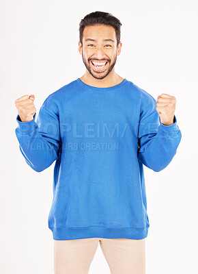 Buy stock photo Winner, portrait and man with yes and excited gesture in a studio with a smile. Motivation, happy and male person with achievement and win reaction from target and goal victory with white background