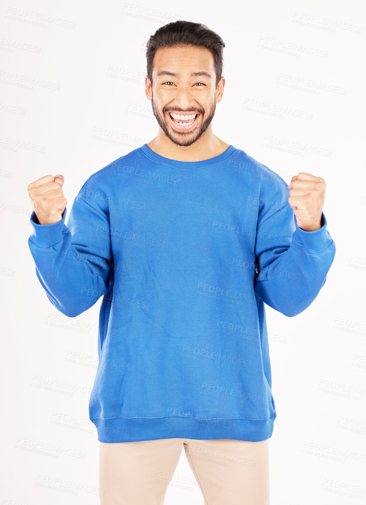 Buy stock photo Winner, portrait and man with yes and excited gesture in a studio with a smile. Motivation, happy and male person with achievement and win reaction from target and goal victory with white background