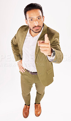 Buy stock photo Portrait, pointing and scolding with a business man in studio on a white background for discipline. Manager, finger wag and accuse with a serious young boss telling off an employee for control