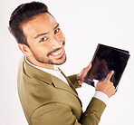 Face of man, portrait and screen of tablet in studio, white background and mockup data information from above. Happy asian trader with digital technology, space and sign up to stock market newsletter