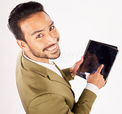 Buy stock photo Face of man, portrait and screen of tablet in studio, white background and mockup data information from above. Happy asian trader with digital technology, space and sign up to stock market newsletter