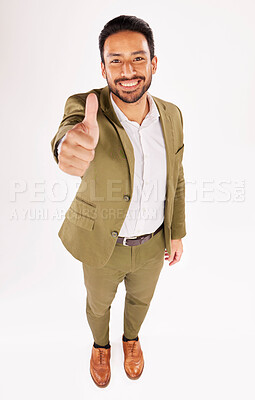 Buy stock photo Thumbs up, portrait and happy asian businessman in studio, white background and success of winning from above. Worker, ok emoji and like sign for feedback, review and vote yes in agreement of support