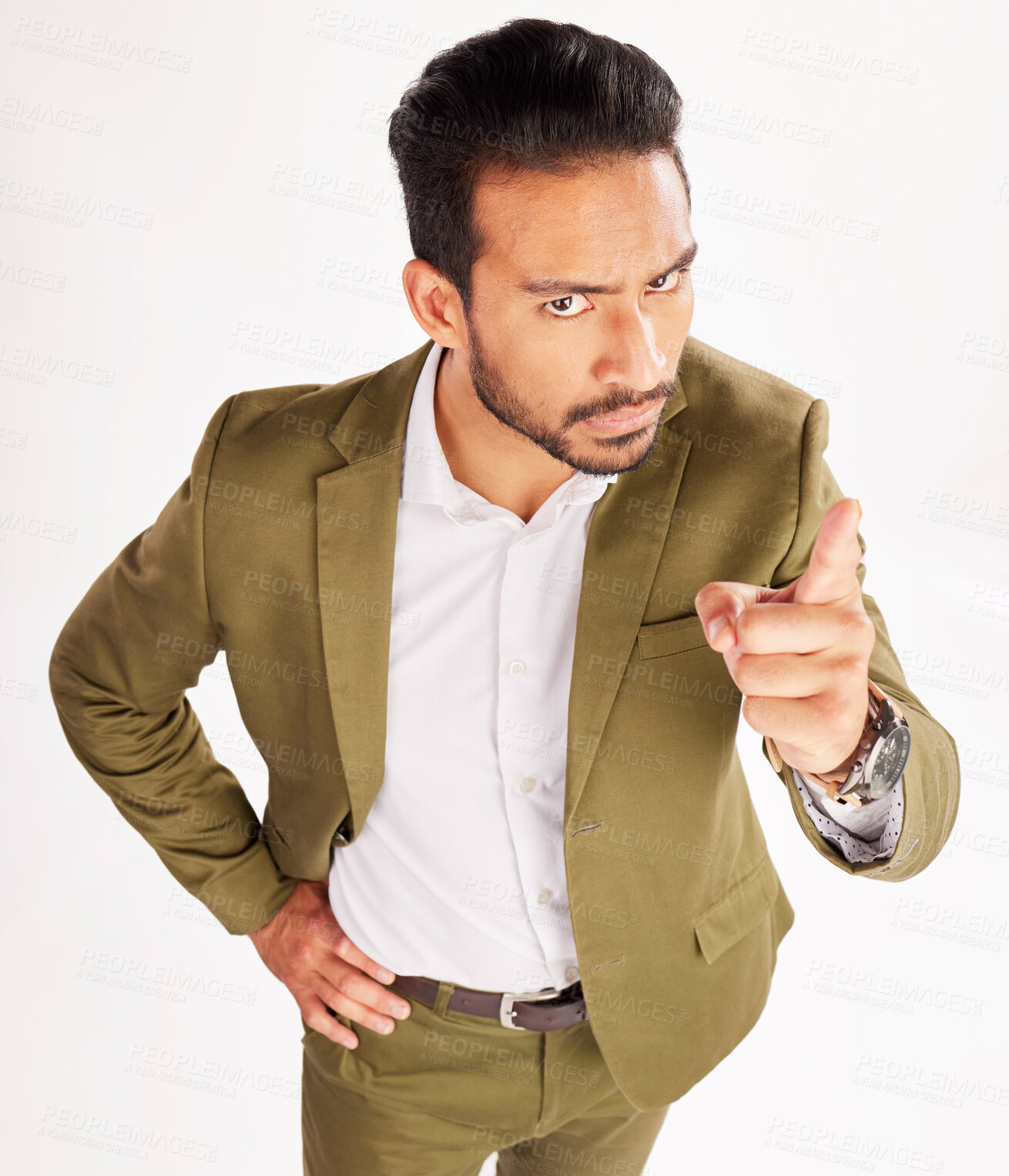 Buy stock photo Portrait, blame and scolding with a business man in studio on a white background for discipline. Manager, finger wag and pointing with a serious young boss telling off an employee for control