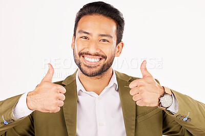 Buy stock photo Thumbs up, portrait and asian man in business for success in studio, white background and winning news. Happy worker, ok emoji and like sign for feedback, review or vote yes in agreement of support