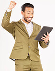 Happy asian man, tablet and fist pump in celebration for winning, discount or sale against a white studio background. Excited businessman with technology in success for good news, bonus or promotion