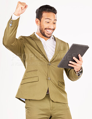 Buy stock photo Happy asian man, tablet and fist pump in celebration for winning, discount or sale against a white studio background. Excited businessman with technology in success for good news, bonus or promotion