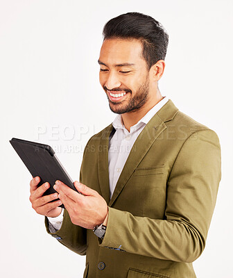 Buy stock photo Asian man, business and tablet in studio for online planning, stock market research and internet info on white background. Happy trader, digital technology and network connection for app on website