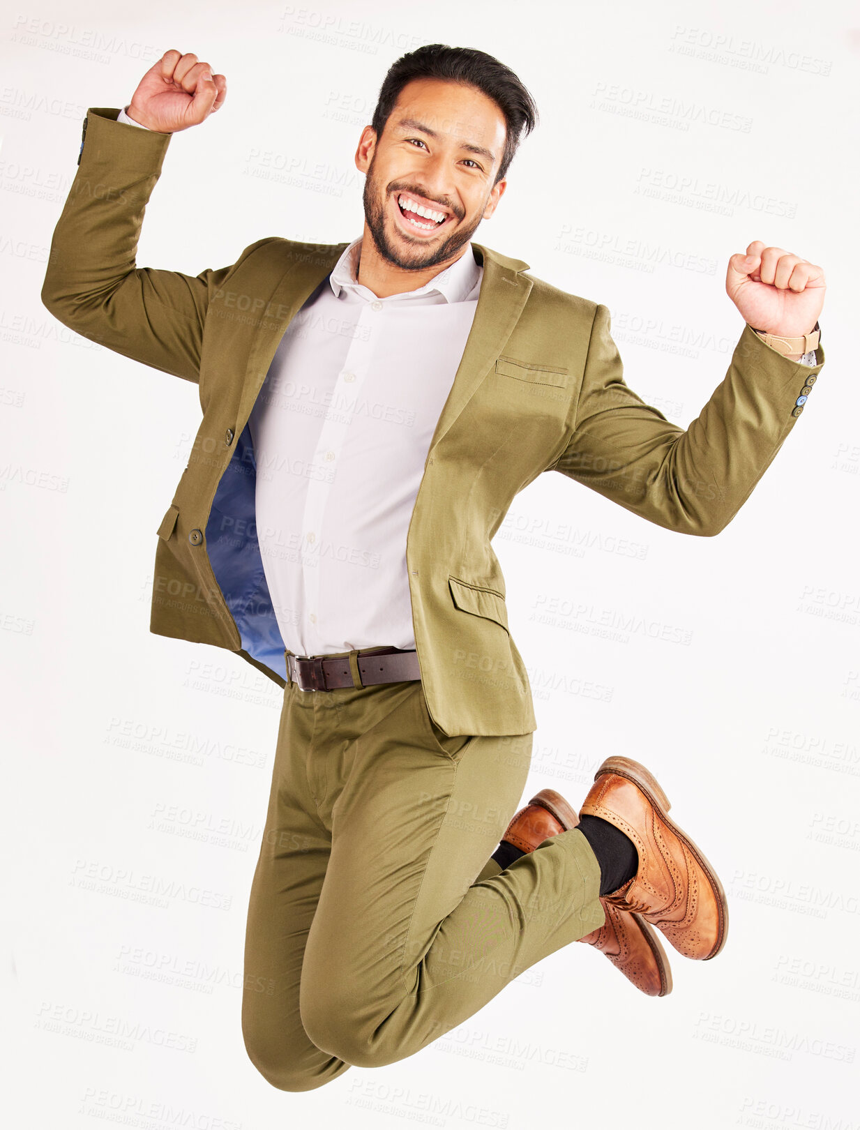 Buy stock photo Winner, business man and jump for success, celebration and yes in stock market and bonus on white background. Wow, excited portrait and corporate asian person for financial goals in air and studio