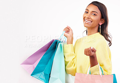 Buy stock photo Fashion, shopping bag and space with portrait of woman in studio for product, boutique and deal. Giveaway, promotion and retail with female customer on white background for mall, mockup or store