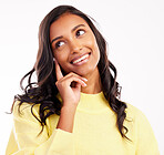 Face, thinking and smile with an indian woman in studio on white background to remember or consider. Idea, decision or nostalgia with a happy young female person daydreaming while looking thoughtful