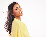 Happy, Indian woman and studio portrait with white background for fashion, makeup or confidence with natural beauty. Face, smile and young model with freedom and happiness with space or mockup