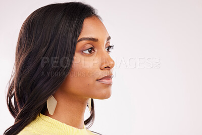 Buy stock photo Indian woman, beauty and profile of makeup in studio with space, banner or mockup on white background for cosmetics. Dermatology, face and luxury spa, salon or cosmetic skincare or facial treatment