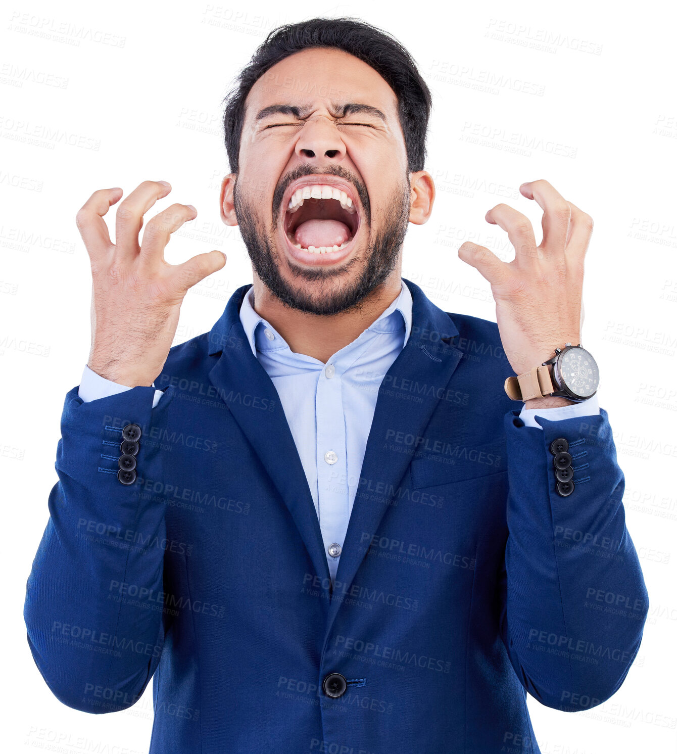 Buy stock photo Frustrated, anger and screaming with business man in studio for headache, stress and burnout. Mental health, anxiety and fear with male employee on white background for fatigue, mistake and problem