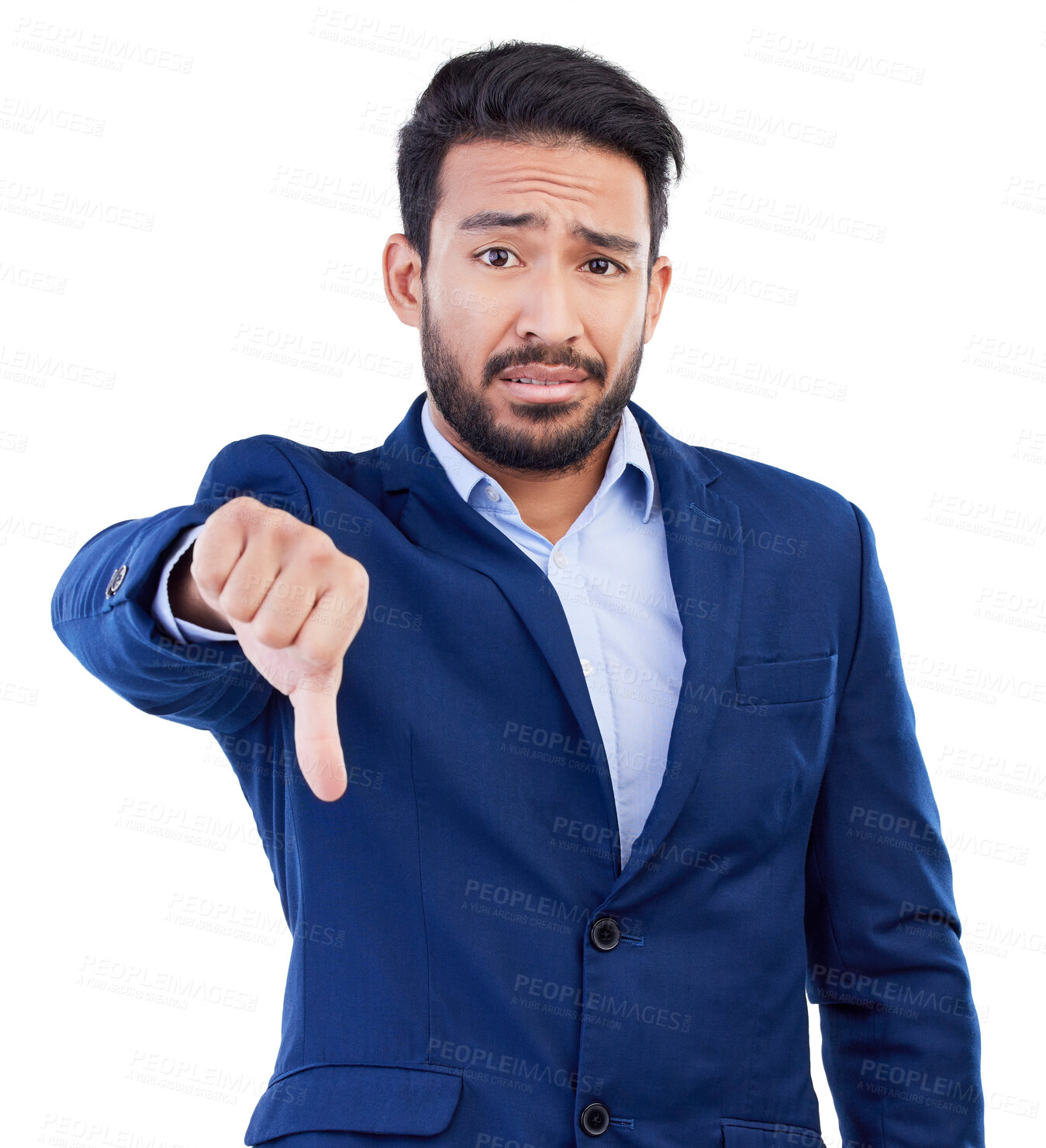 Buy stock photo Thumbs down, fail and portrait of business man in studio reject bad news, emoji sign and white background. Face of asian male employee show negative opinion, wrong decision or sad feedback with hands