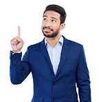 Business, asian man and pointing up in studio while thinking of ideas, advertising promotion and information on white background. Corporate worker show presentation of announcement, offer and insight