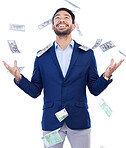 Happy businessman, money rain and financial freedom from investment or savings against a white studio background. Excited asian man in celebration for winning, lottery or cash prize in happiness