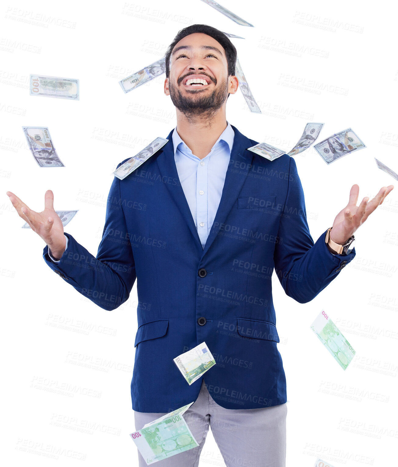 Buy stock photo Happy businessman, money rain and financial freedom from investment or savings against a white studio background. Excited asian man in celebration for winning, lottery or cash prize in happiness