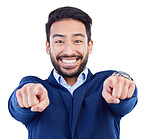 Happy asian man, portrait and pointing to you for job opportunity, sale or discount against a white studio background. Businessman smile for choice, decision or selection in career growth or goals