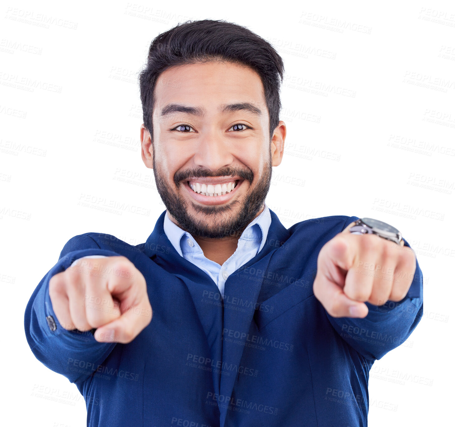 Buy stock photo Happy asian man, portrait and pointing to you for job opportunity, sale or discount against a white studio background. Businessman smile for choice, decision or selection in career growth or goals