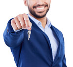 Keys, studio hands and happy man, realtor or salesman for new house investment, property payment or sales success. New home apartment, closeup male agent and real estate ownership on white background