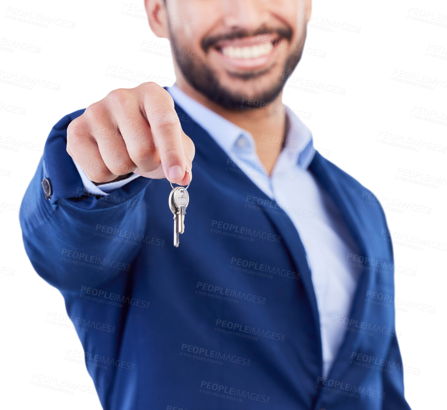 Buy stock photo Keys, studio hands and happy man, realtor or salesman for new house investment, property payment or sales success. New home apartment, closeup male agent and real estate ownership on white background