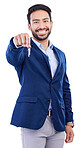 keys, studio portrait and happy man, realtor or person smile for new home investment, property payment or sales. Apartment, house and Asian real estate agent giving ownership on white background