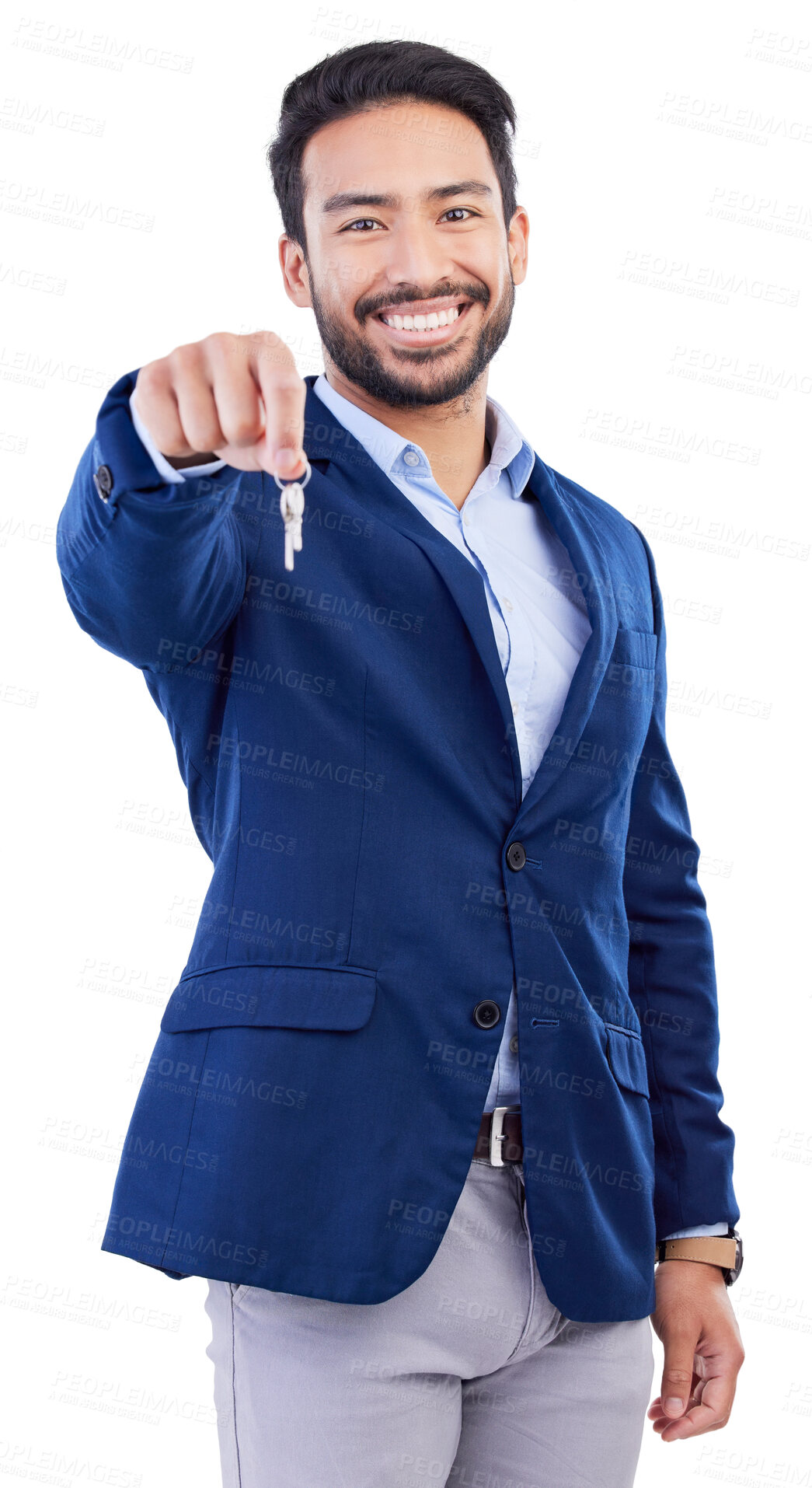 Buy stock photo keys, studio portrait and happy man, realtor or person smile for new home investment, property payment or sales. Apartment, house and Asian real estate agent giving ownership on white background