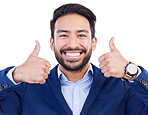 Happy asian man, portrait and thumbs up for winning, approval or success against a white studio background. Face of businessman smile with like emoji, yes sign or OK in agreement, good job or perfect