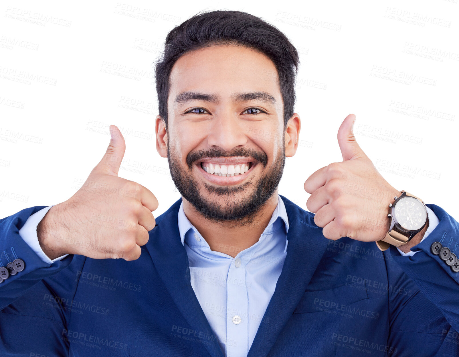 Buy stock photo Happy asian man, portrait and thumbs up for winning, approval or success against a white studio background. Face of businessman smile with like emoji, yes sign or OK in agreement, good job or perfect