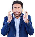 Hope, business man and fingers crossed while waiting for announcement, bonus feedback or sign on white background. Face of nervous asian worker wish of belief, emoji or anxiety of promotion in studio