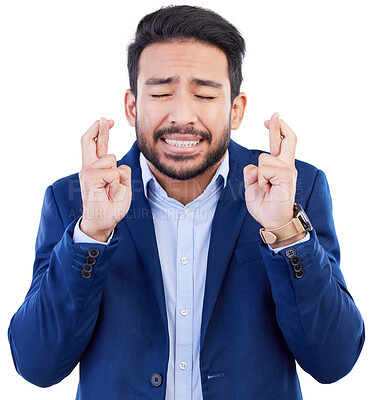 Buy stock photo Hope, business man and fingers crossed while waiting for announcement, bonus feedback or sign on white background. Face of nervous asian worker wish of belief, emoji or anxiety of promotion in studio