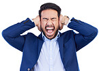 Noise, anger and screaming with business man in studio for headache, frustrated and burnout. Mental health, anxiety and fear with employee on white background for fatigue, mistake and stress problem