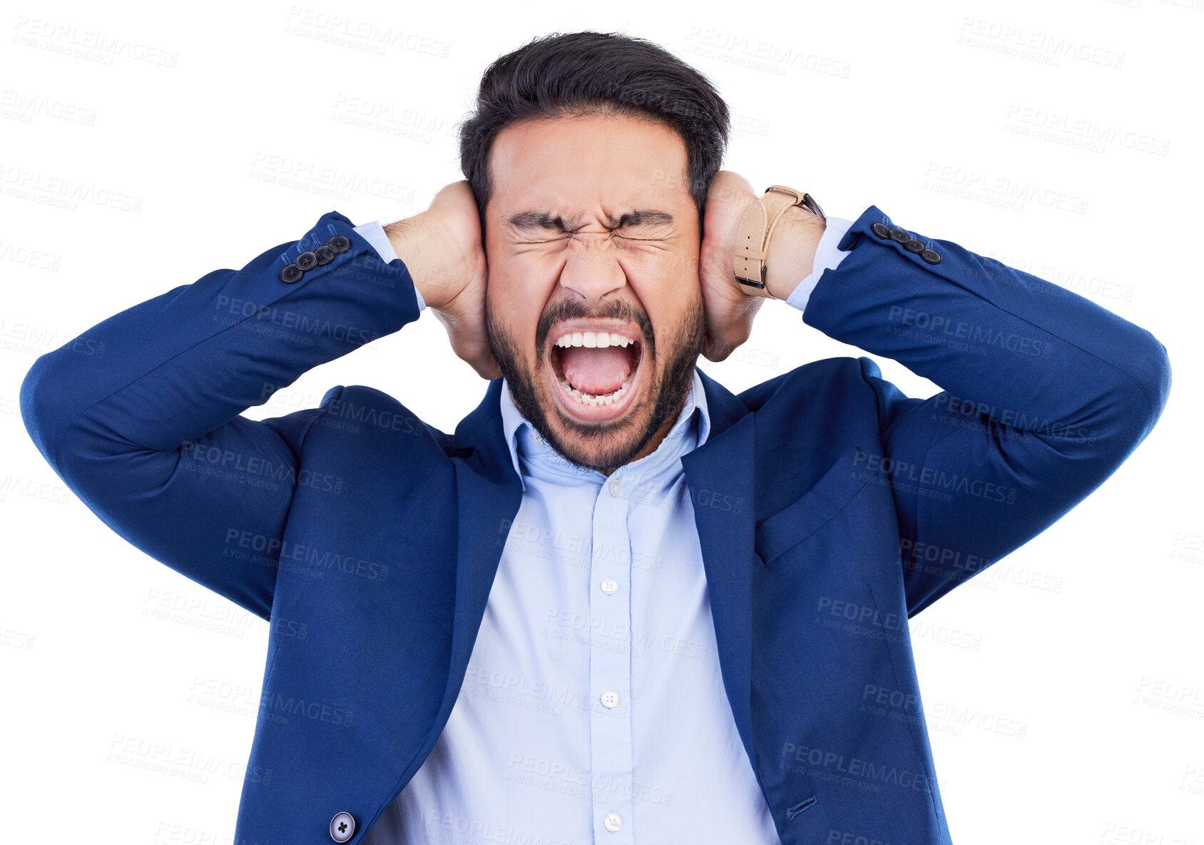 Buy stock photo Noise, anger and screaming with business man in studio for headache, frustrated and burnout. Mental health, anxiety and fear with employee on white background for fatigue, mistake and stress problem