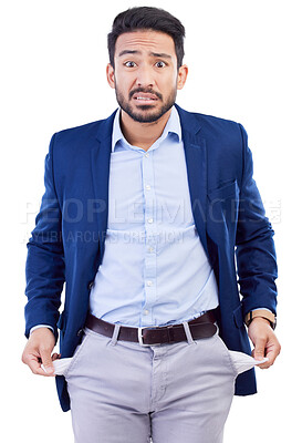 Buy stock photo Business man, portrait and empty pocket in studio of stock market crash, bankruptcy or financial loss in economy. Poor, broke or asian worker show no money in pants, debt or worry on white background