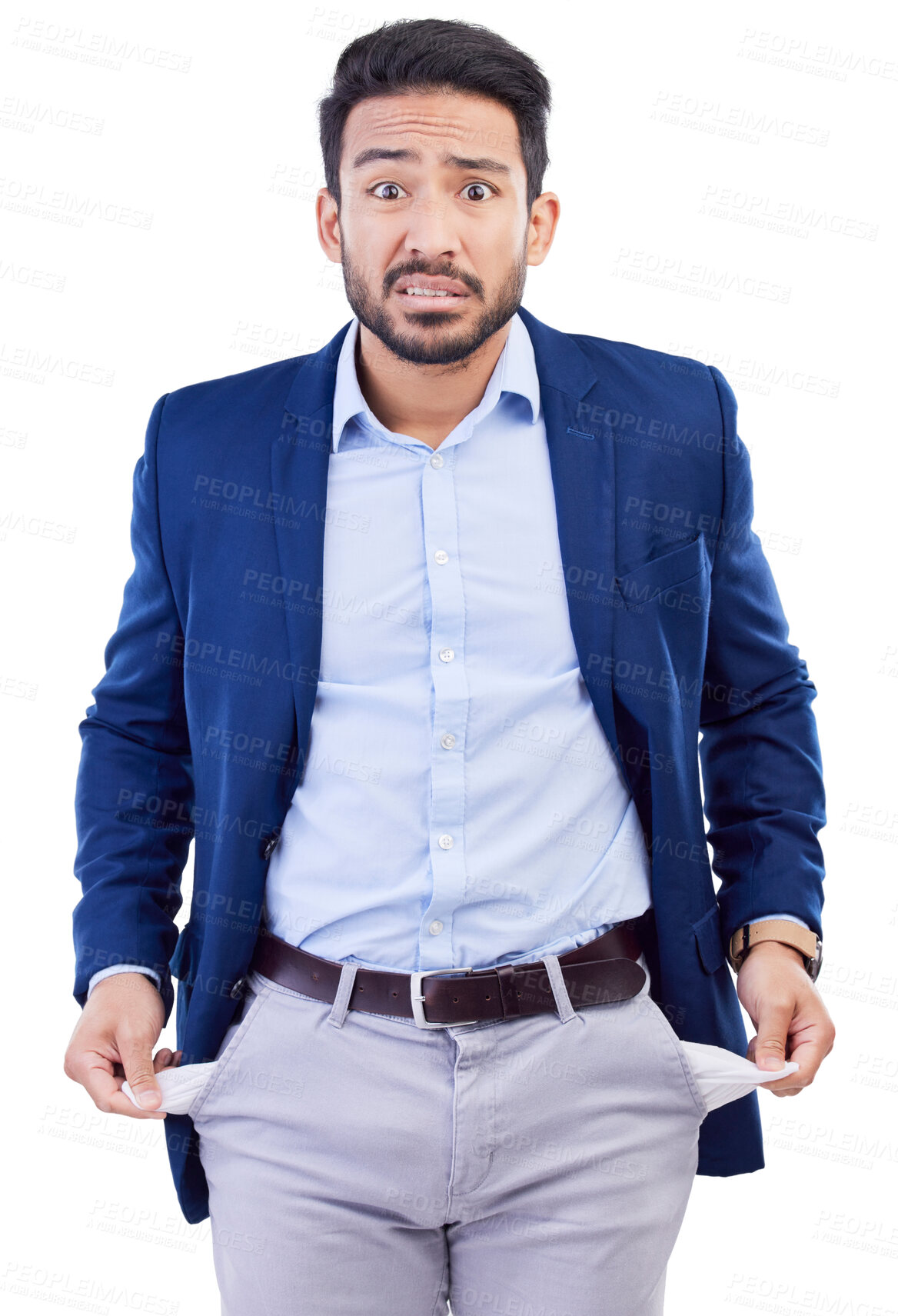 Buy stock photo Business man, portrait and empty pocket in studio of stock market crash, bankruptcy or financial loss in economy. Poor, broke or asian worker show no money in pants, debt or worry on white background