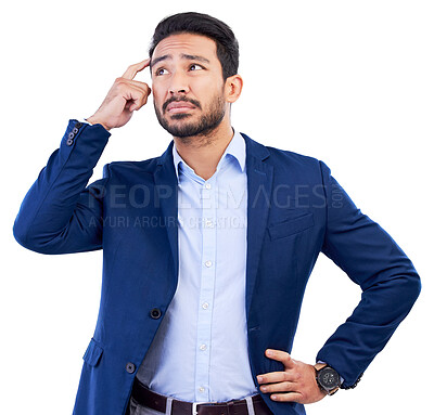 Buy stock photo Business, thinking and confused asian man in studio, white background or doubt of stress, questions and fear of future ideas. Corporate worker worried with brain fog, remember solution and forget why